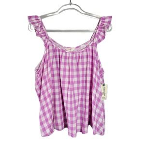 Terra Sky Plus Size 1X Purple White Gingham‎ Ruffle Strap Tank Top Cotton NWT